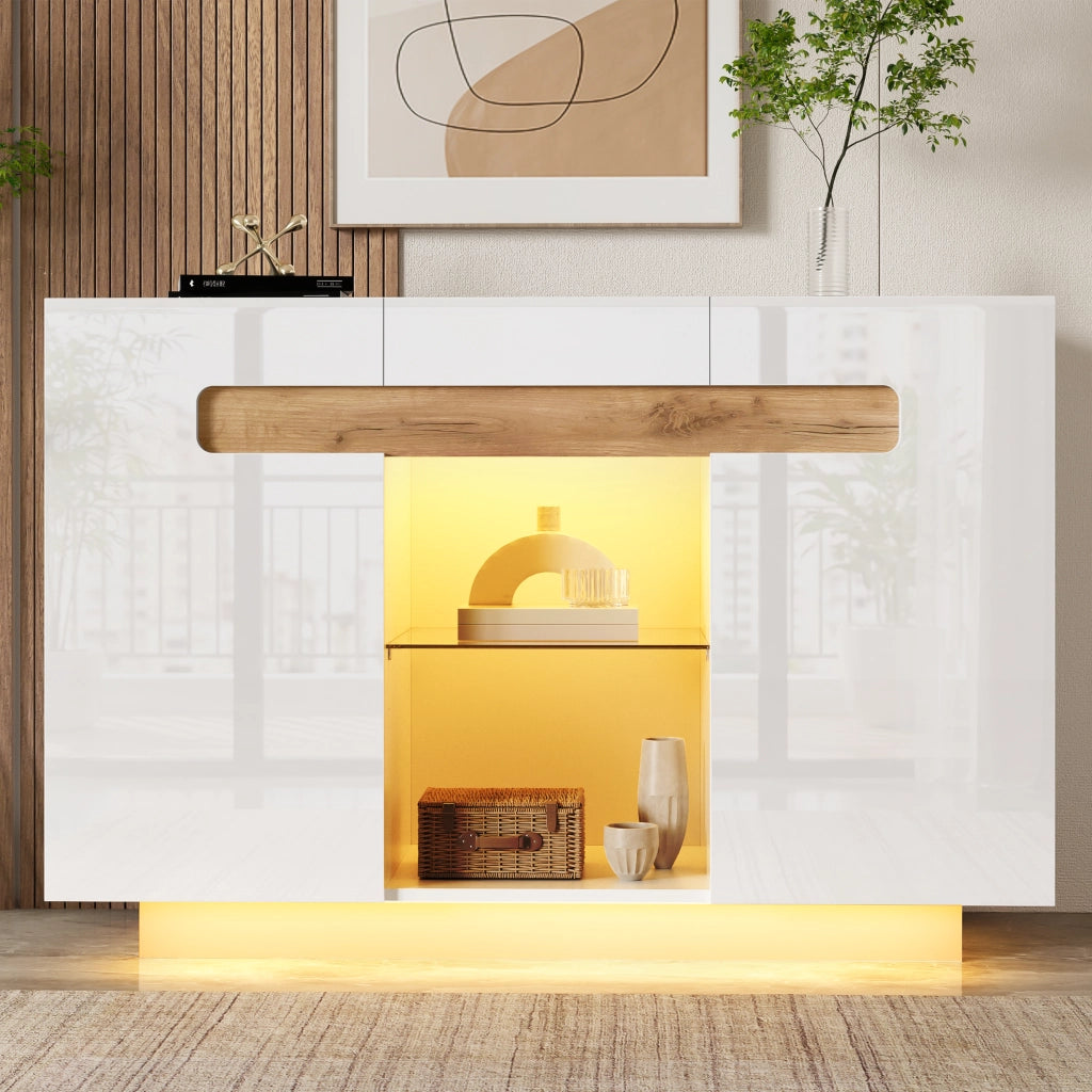 Credenza con 4 vani; 2 ripiani aperti e LED - per soggiorno - 120×40×80 cm - bianco
