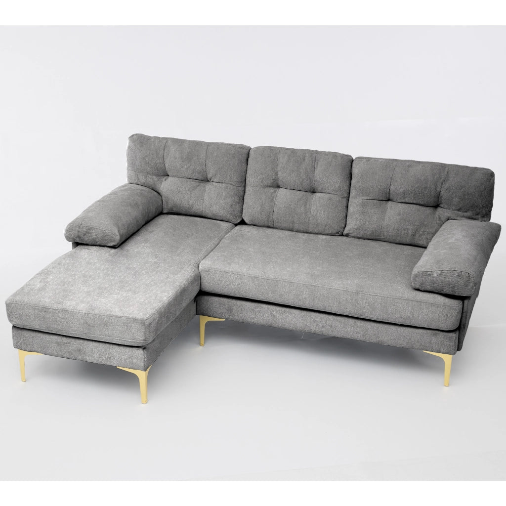 Divano angolare reversibile 3 posti con chaise longue intercambiabile e braccioli imbottiti in chenille grigio