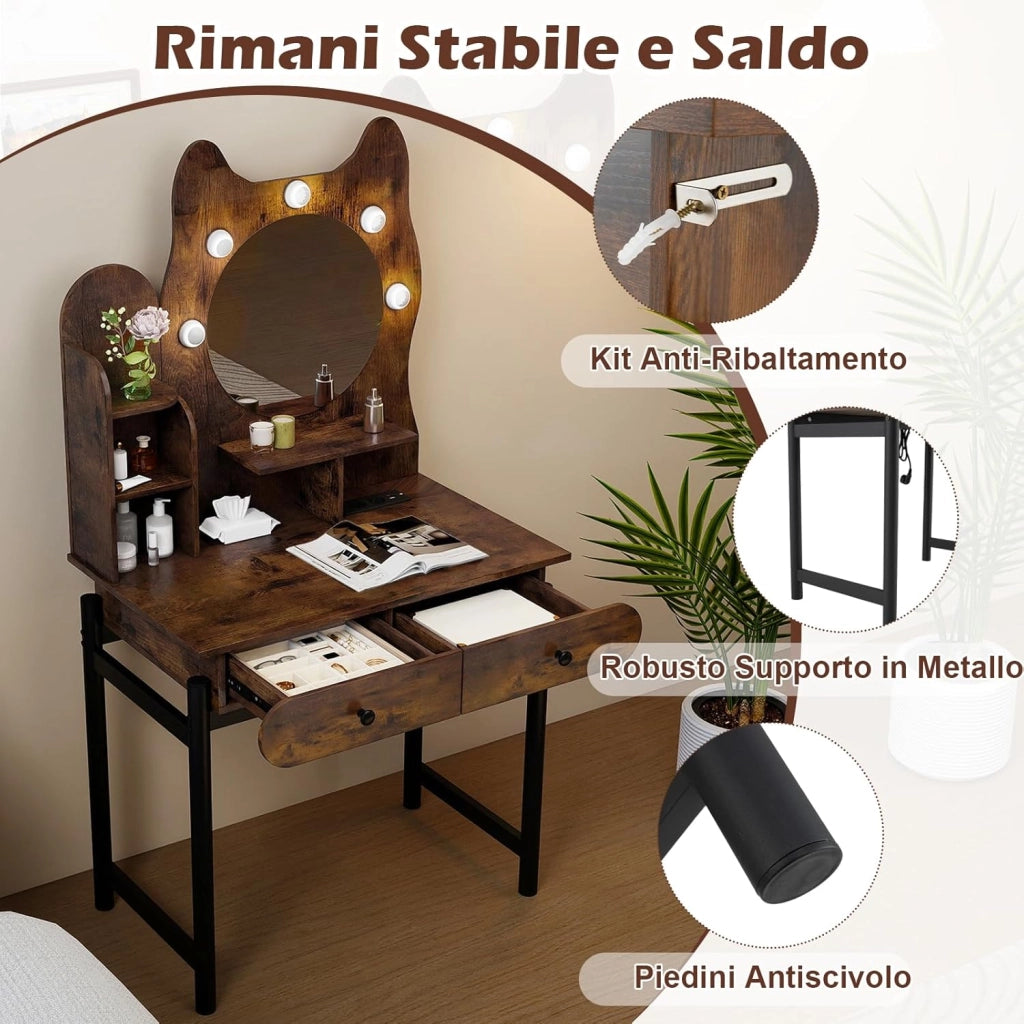 Toeletta da Trucco con Luci, Tavolo Trucco a Forma di Gattino, Illuminazione Regolabile a 3 Modalità, Scaffali Aperti e 2 Cassetti, Stazione di Ricarica Integrata (Marrone)