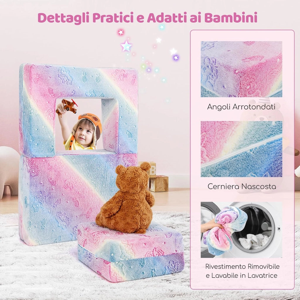 Divano Pieghevole per Bambini 5 in 1 Brilla al Buio, Poltrona Modulare con Cuscino, Fodera Lavabile in Lavatrice e Riempimento in Schiuma (Unicorno Arcobaleno)