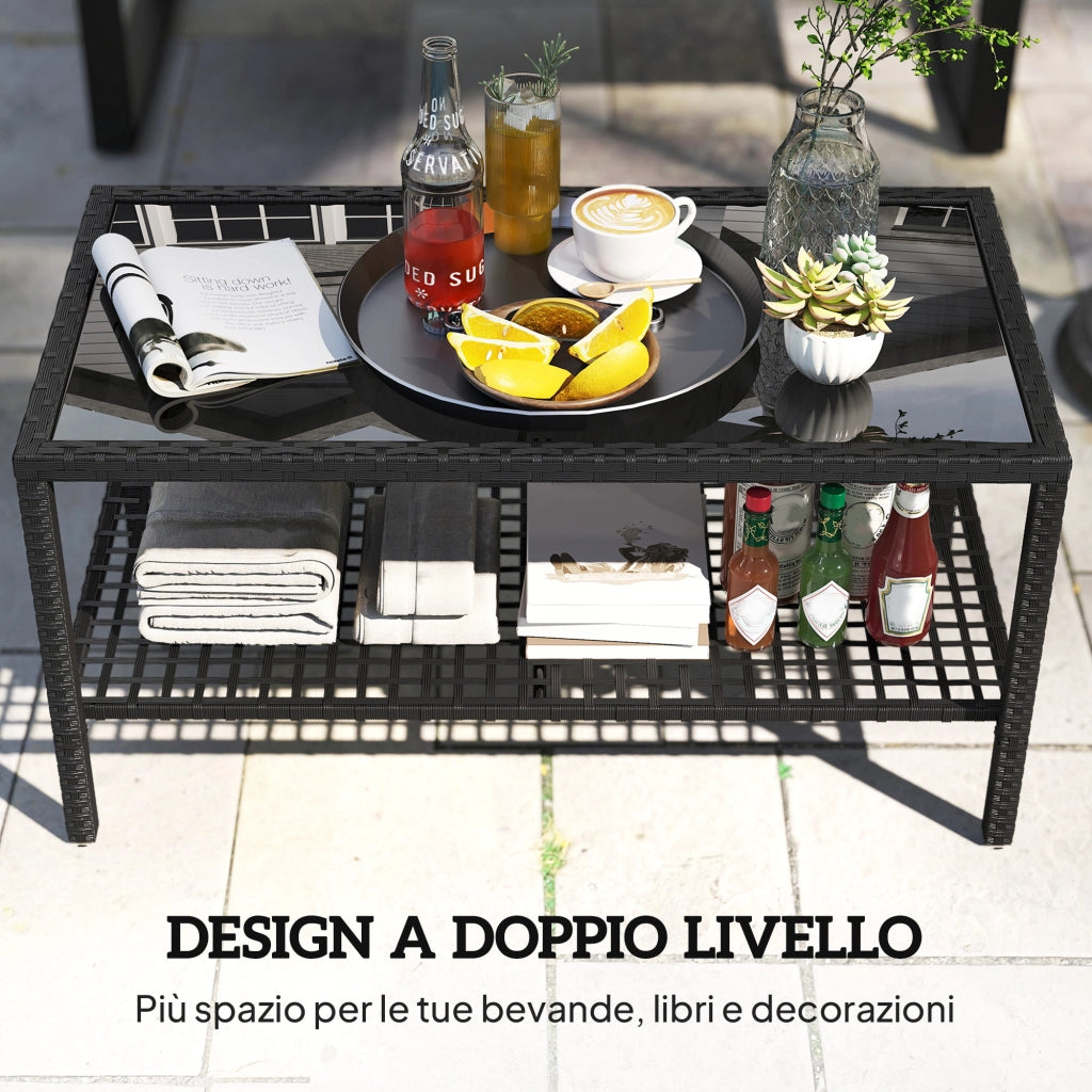 Tavolino da Caffè a 2 livelli  92x50x45 cm con Piano in Vetro Temperato e Ripiano in Acciaio e Rattan Nero