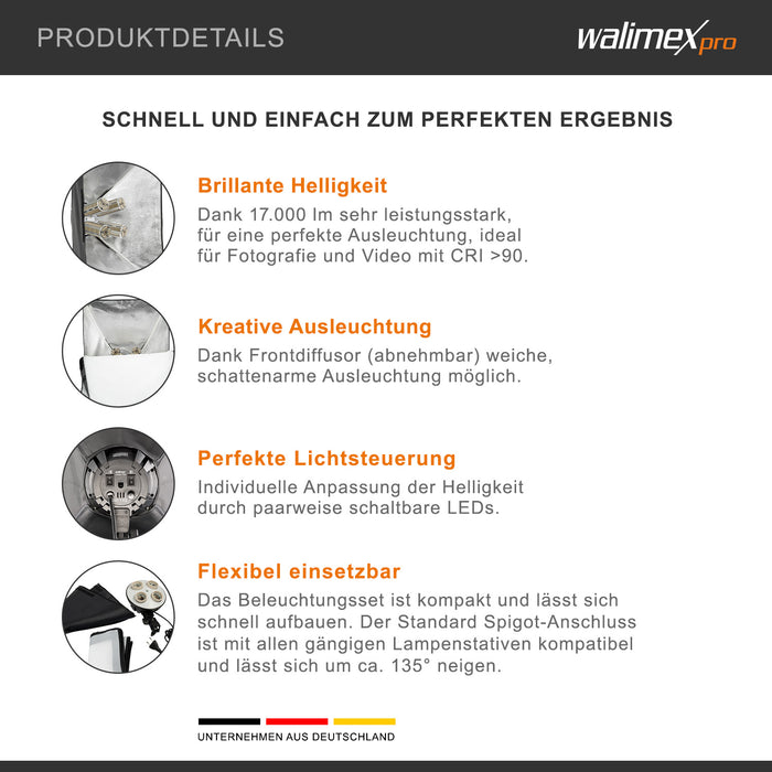 Set Softbox 50x70cm con 4 LED 35W, inclinazione di 135°, con diffusore, per illuminazione studio fotografico