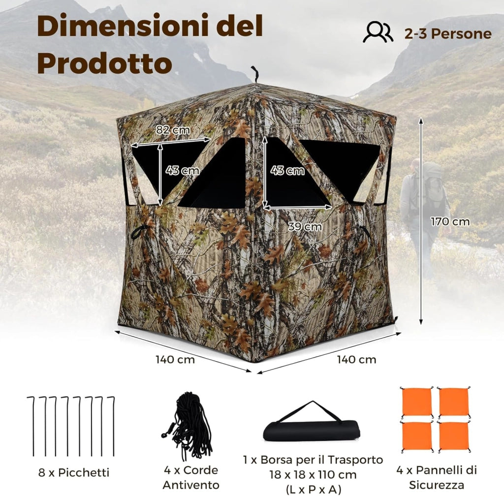 Tenda da Caccia per 2 Persone, Tenda Pop-Up Camouflage con Finestre Scorrevoli Silenziose, Pannelli di Sicurezza e Borsa per Il Trasporto, 140 x 140 x 170 cm