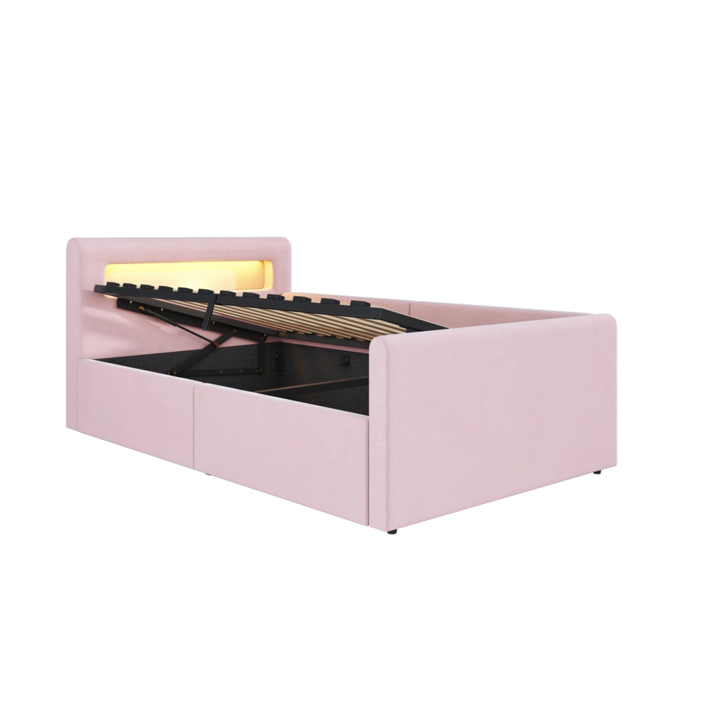 Letto imbottito 90x200 cm con LED; luce notturna; USB e contenitore in velluto rosa