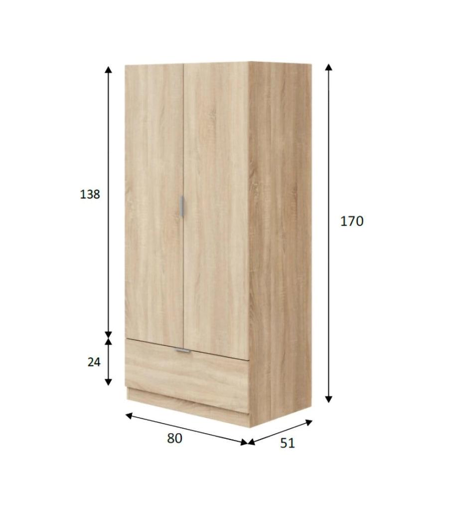 Armadio Camera da Letto Budoia, Guardaroba 2 Ante Appendiabiti, 51x170h cm Marrone Rovere