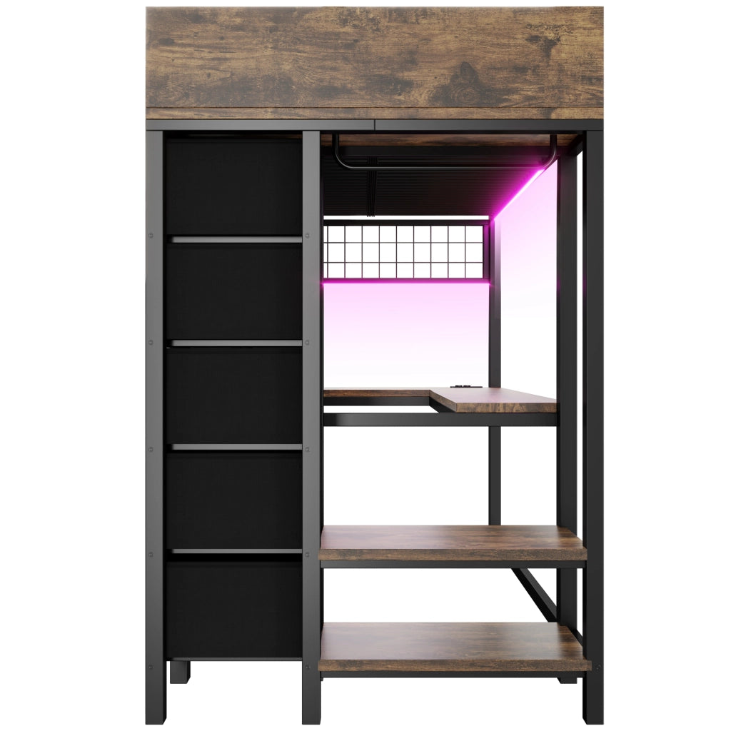 LETTO a soppalco 90x200 cm in metallo nero con scrivania, LED e contenitori