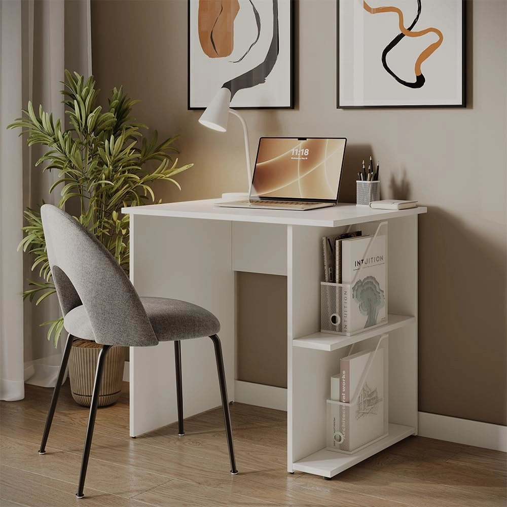 Scrivania con ripiani Simple, Bianco, 82 x 60 cm, con due ripiani aperti per spazio di appoggio aggiuntivo