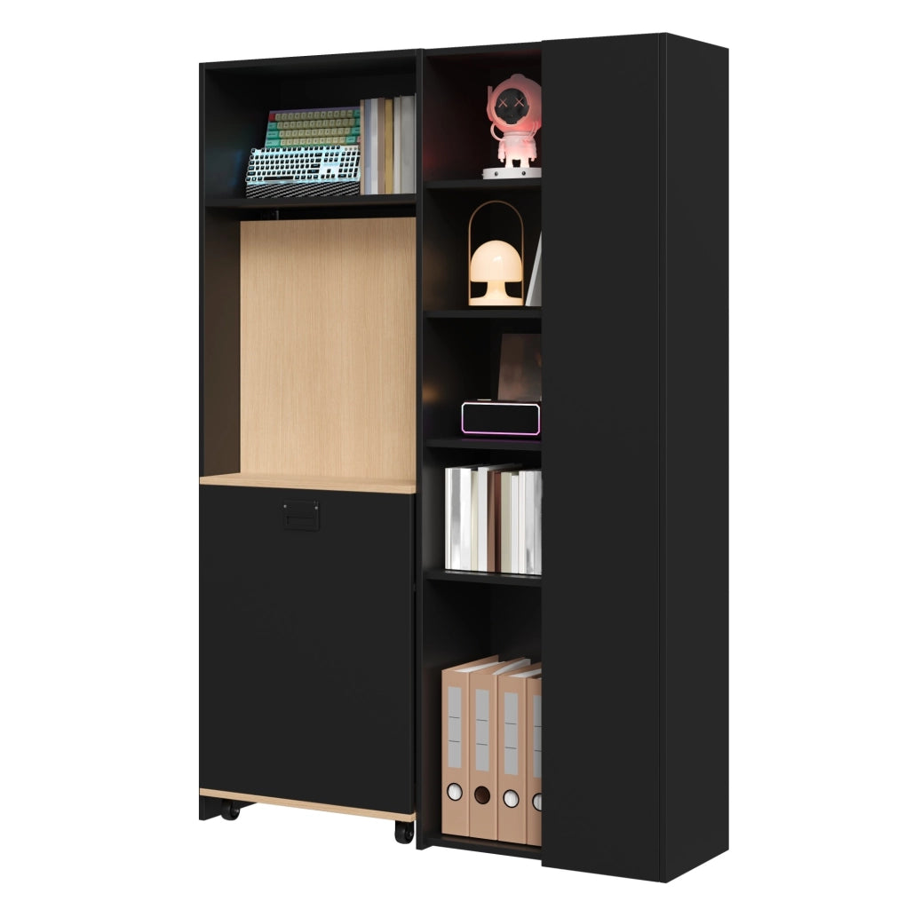 Scrivania pieghevole 2-in-1 con scaffale, prese USB, Nero/Rovere