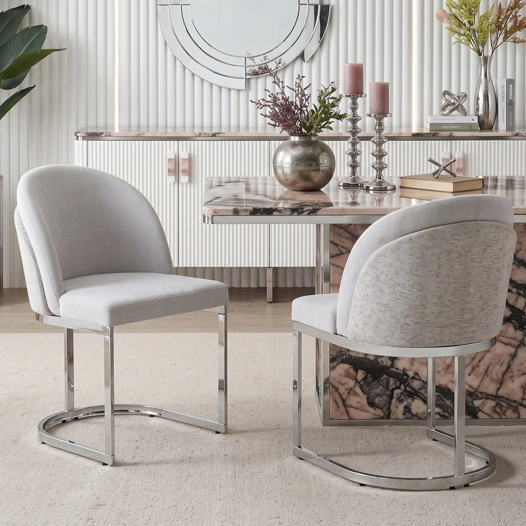 Set di 2 sedie da pranzo in Chenille grigio e metallo argentato, design moderno