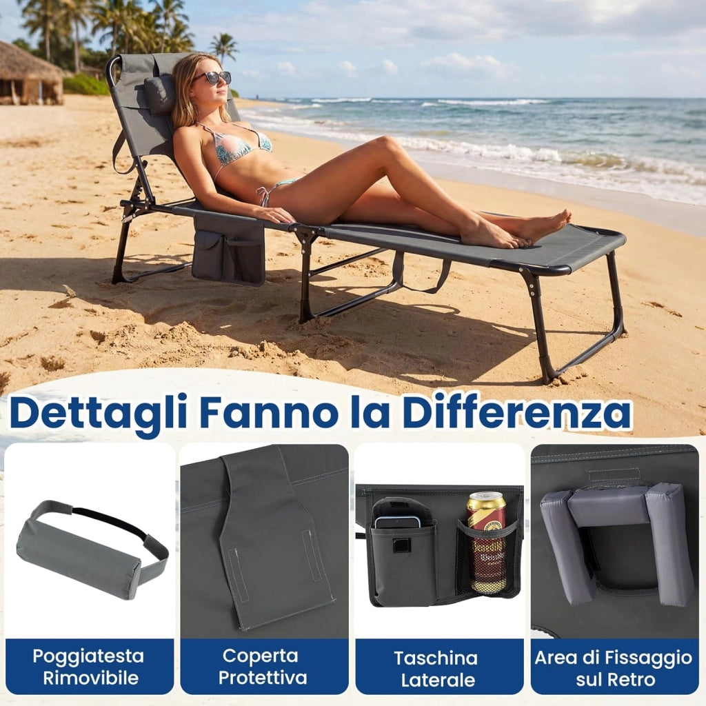 Lettino Prendisole da Spiaggia, Sdraio Mare Pieghevole Portatile con Foro per Viso e Braccia, Cuscino e Tasche Laterali, Schienale Regolabile 4 Posizioni, Portata 150 kg (Grigio)