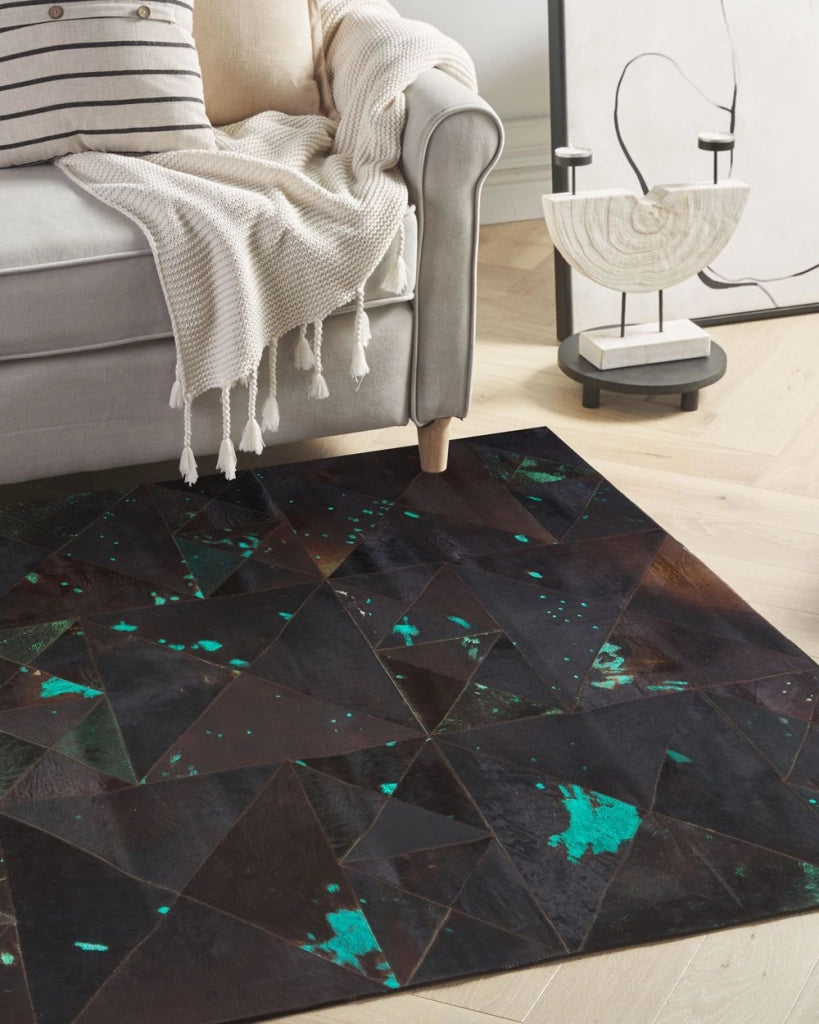 Tappeto Pelle Bovina Marrone e Blu 160 x 230 cm Astratta Artigianale a pelo corto Moderno