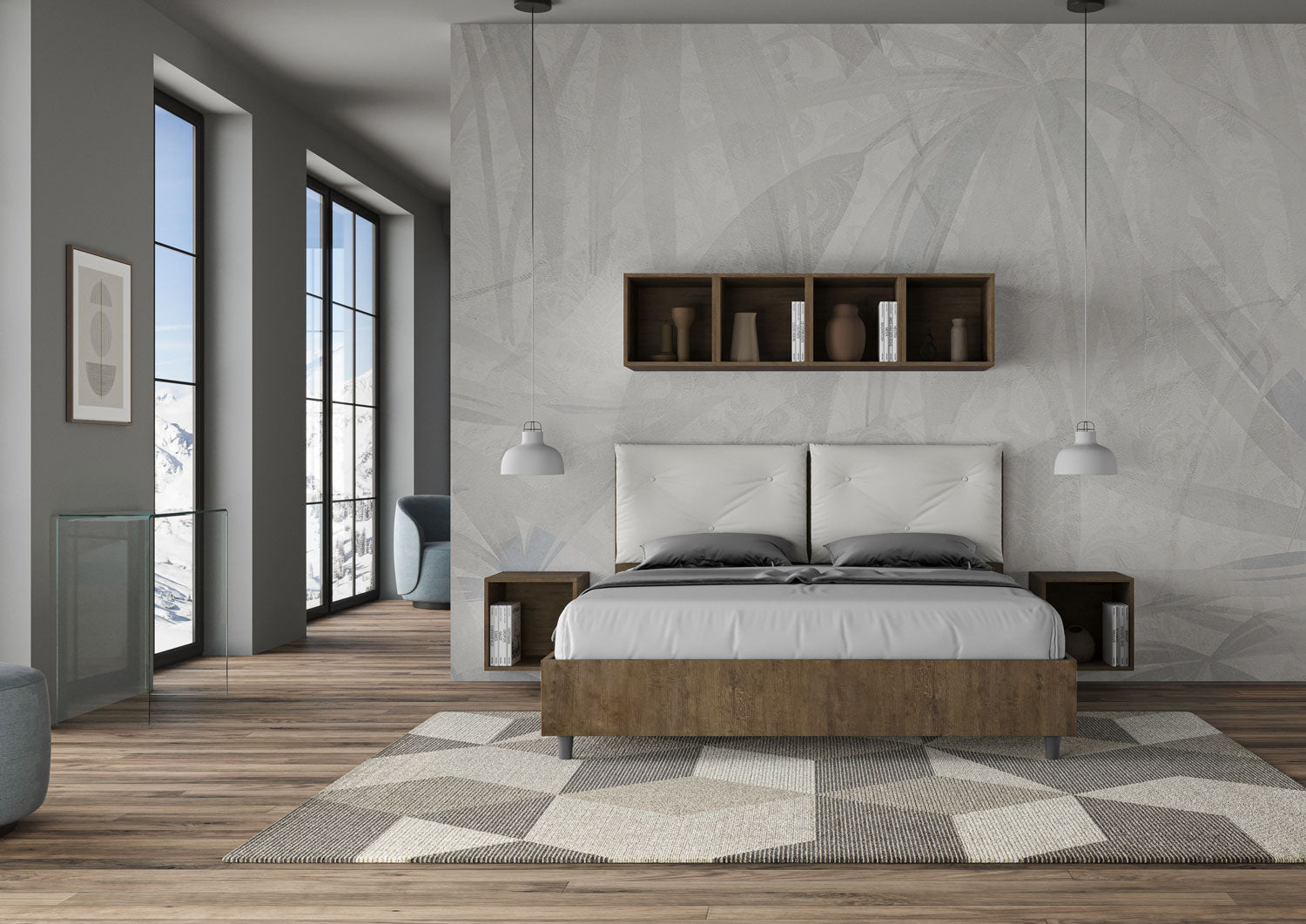 Letto Matrimoniale 160x190 cm con Rete Struttura Noce con Cuscini in Similpelle Egos Appia Bianco