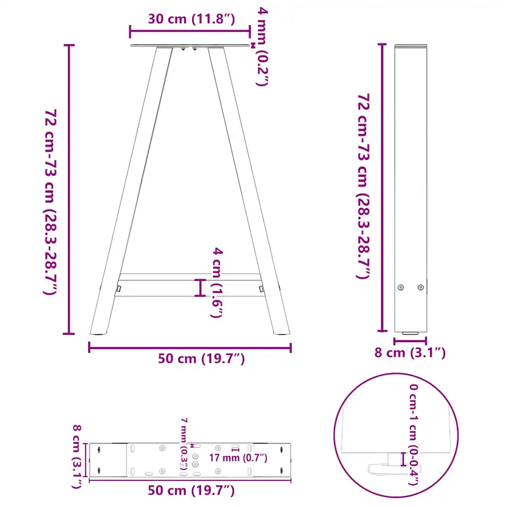 Gambe per tavolo da pranzo a forma di A 2 pz bianche 50x(72-73) cm in acciaio