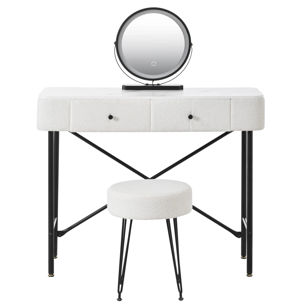Tavolo Trucco con LED e Sgabello ¨C MINIMAL ¨C Bianco e Nero, 2 Cassetti, Piano Marmo, 100x40x120