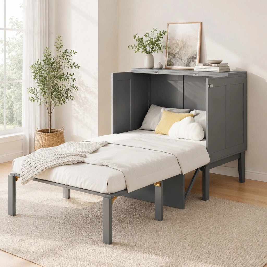 Letto a scomparsa verticale 90x200 cm grigio; struttura salvaspazio in legno