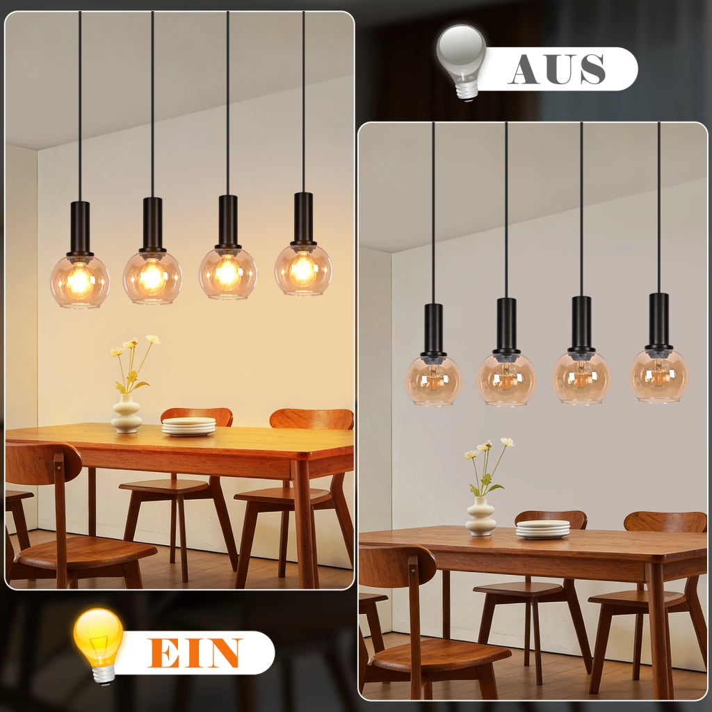 ZMH Lampada a Sospensione 4 Luci Vetro Vintage Altezza Regolabile E27 per Sala da Pranzo Soggiorno Senza Lampadina