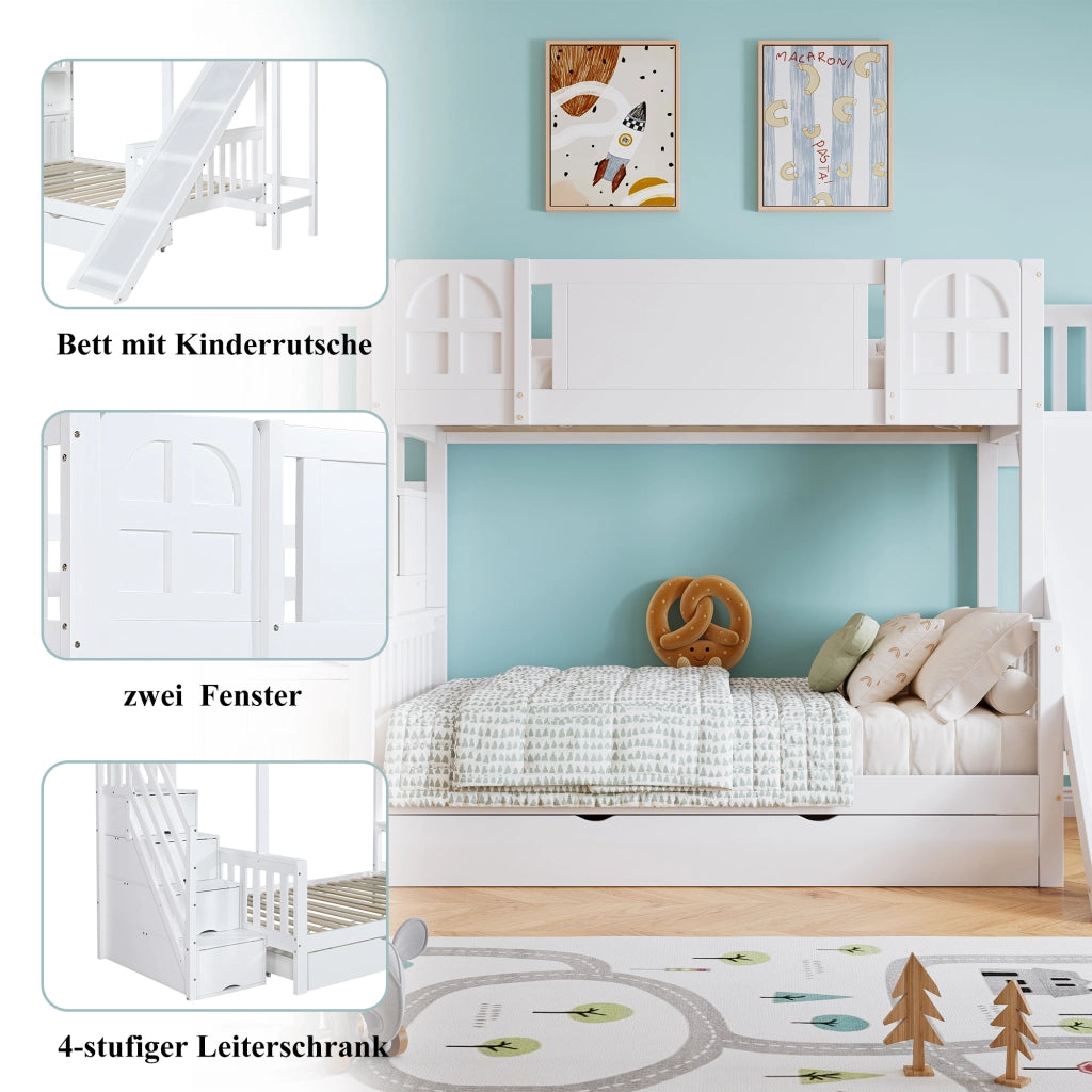 Letto a castello con scivolo e cassetti in legno massello e MDF 90x200 cm