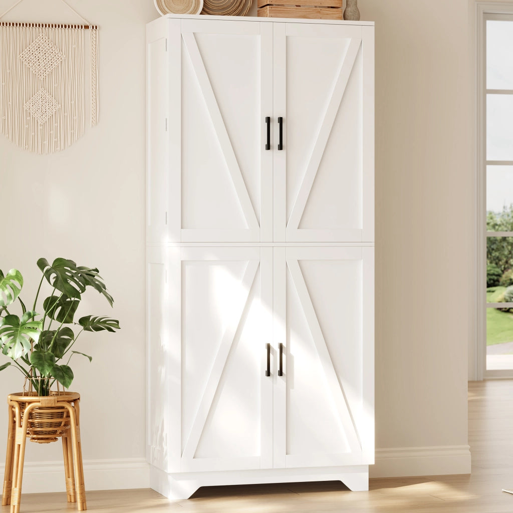 Mobile contenitore cucina alto 80×40×180 cm, 4 ante stile granaio, portabottiglie, MDF bianco/naturale