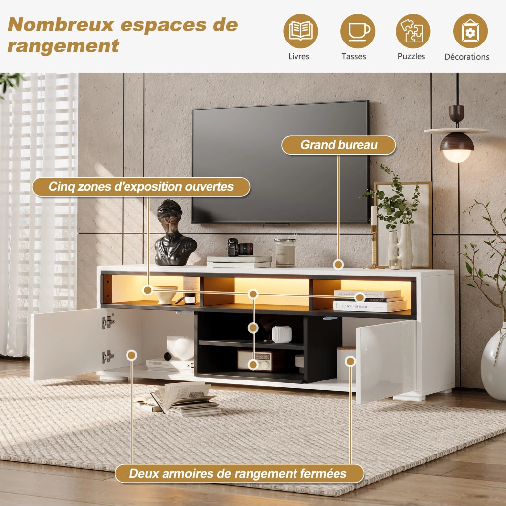 Mobile TV con LED ¨C MINIMAL ¨C Truciolato Lucido Bianco, 2 Ante, 150x35x50