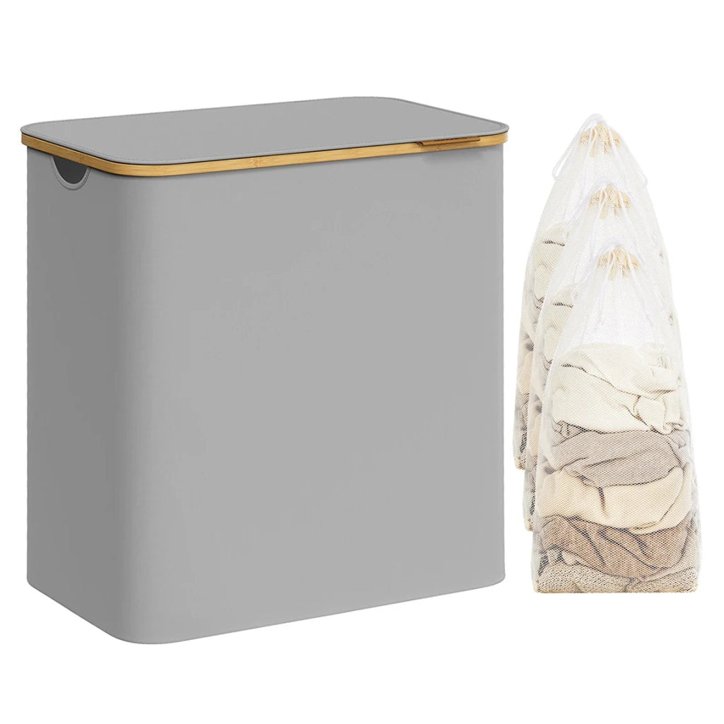 Cesto portabiancheria sottile con coperchio 65 litri salvaspazio fodera in rete rimovibile tessuto Oxford manici in bambù pieghevole grigio 12_0006727