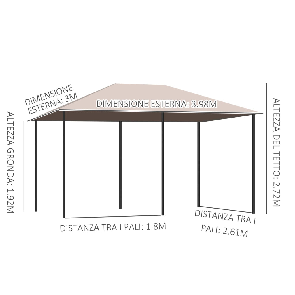 Gazebo da Giardino 4x3m in Acciaio Tende Laterali Cachi