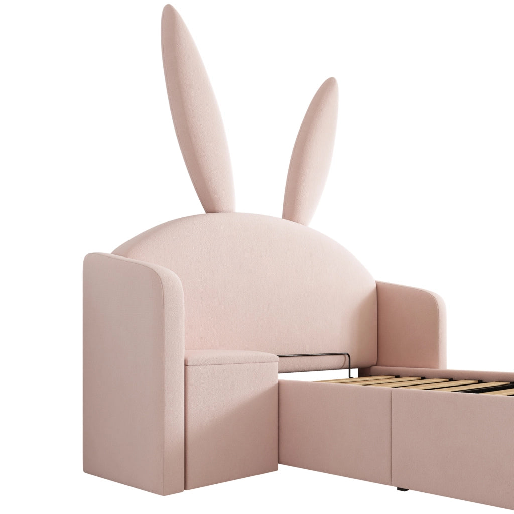 Letto per bambini 90x190 cm in velluto rosa con contenitore; comodino e orecchie di coniglio