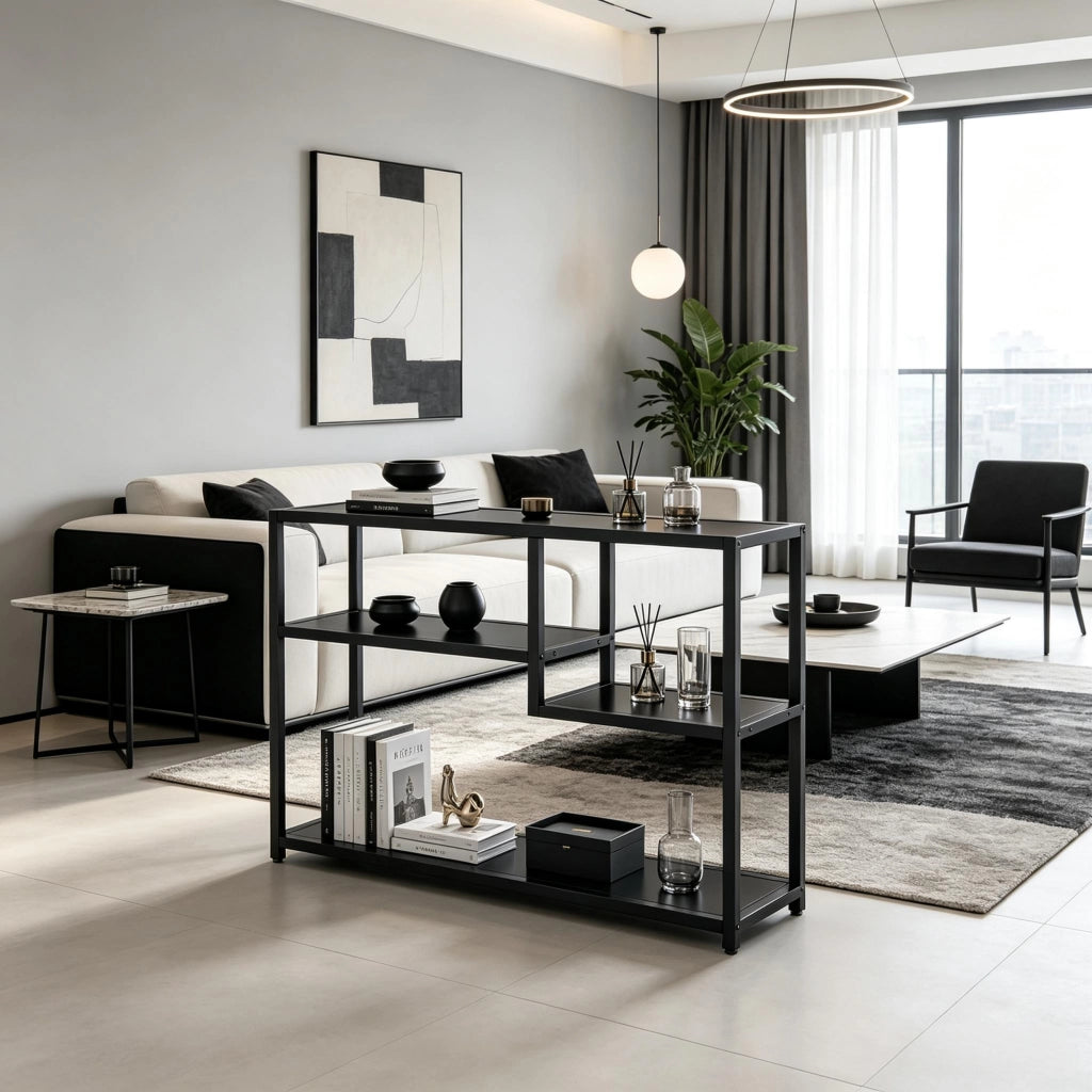 Tavolo consolle 110x30x85 cm con 4 ripiani in metallo e legno nero