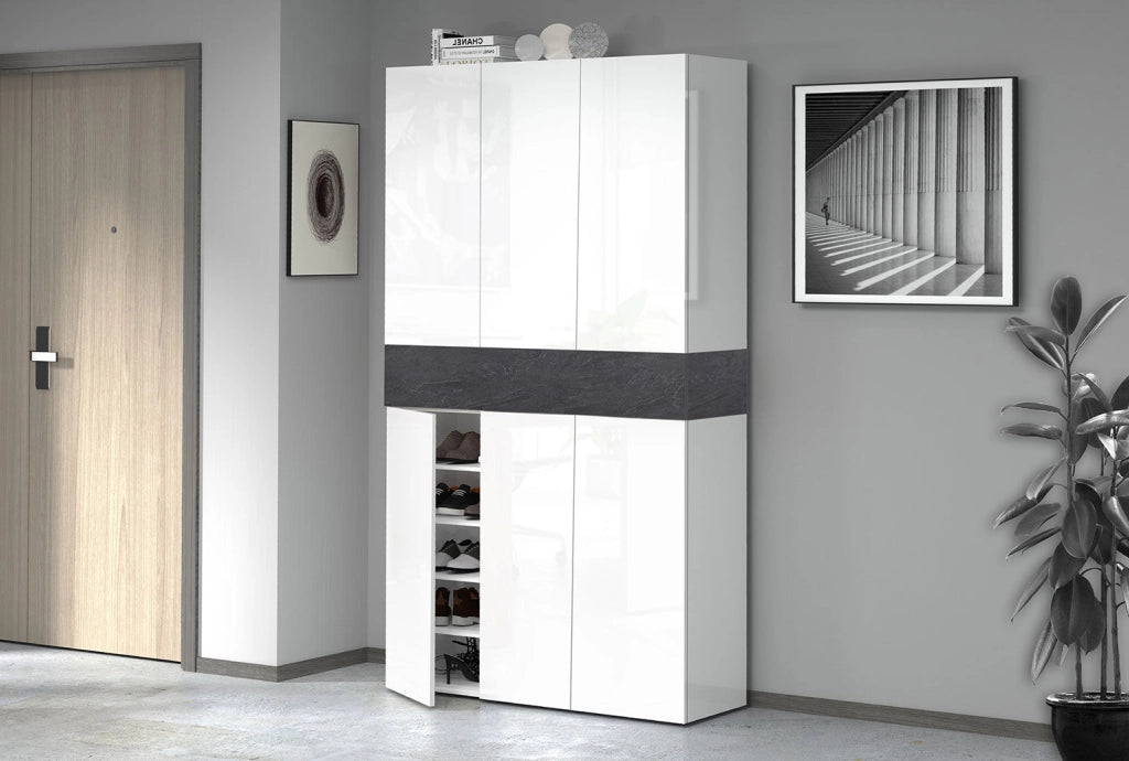 Armadio Scarpiera 6 Ante e 1 Ripiano a Ribalta 114x35x200 cm Savona 6A 1R Bianco Opaco/Grigio Ardesia
