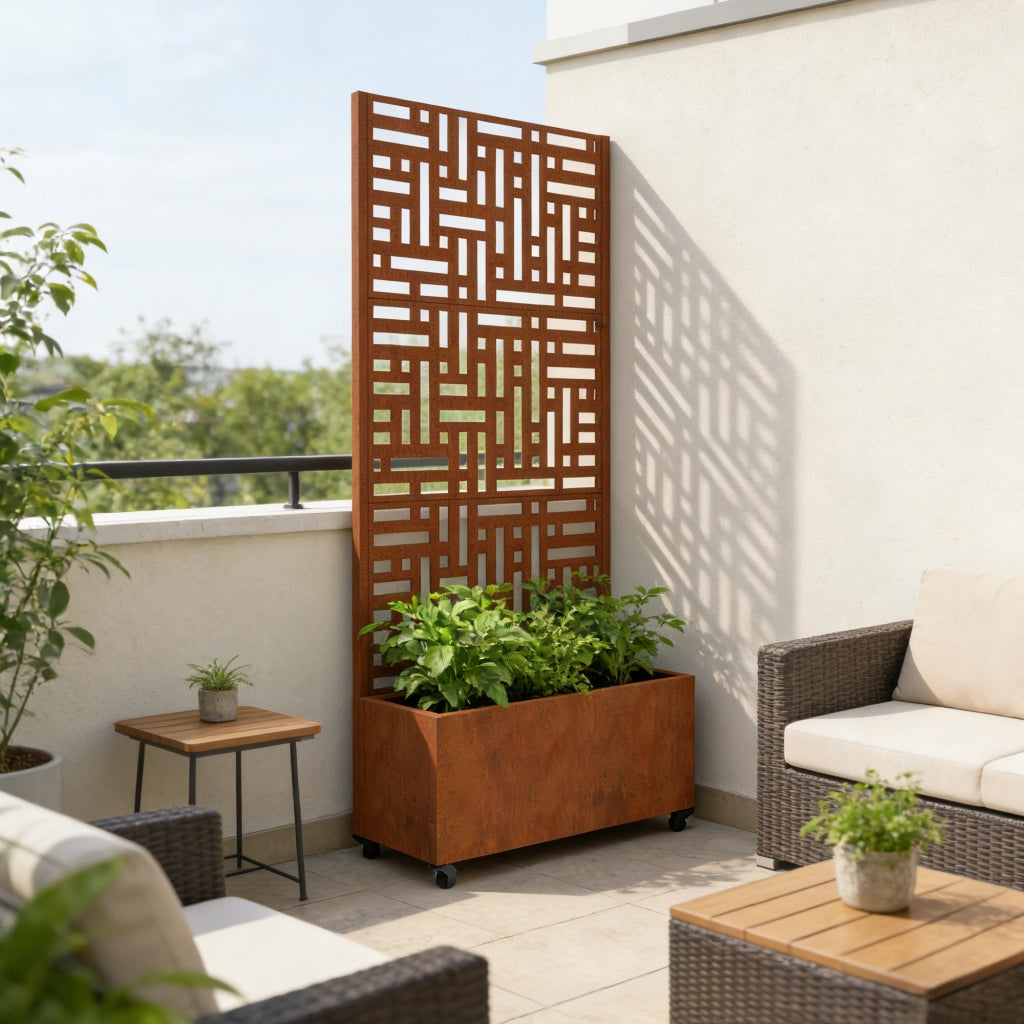Fioriera con Spalliera Bernalda a 4 Rotelle 190 x 82 x 38 cm Acciaio Corten - Marrone Ossidato casa.pro