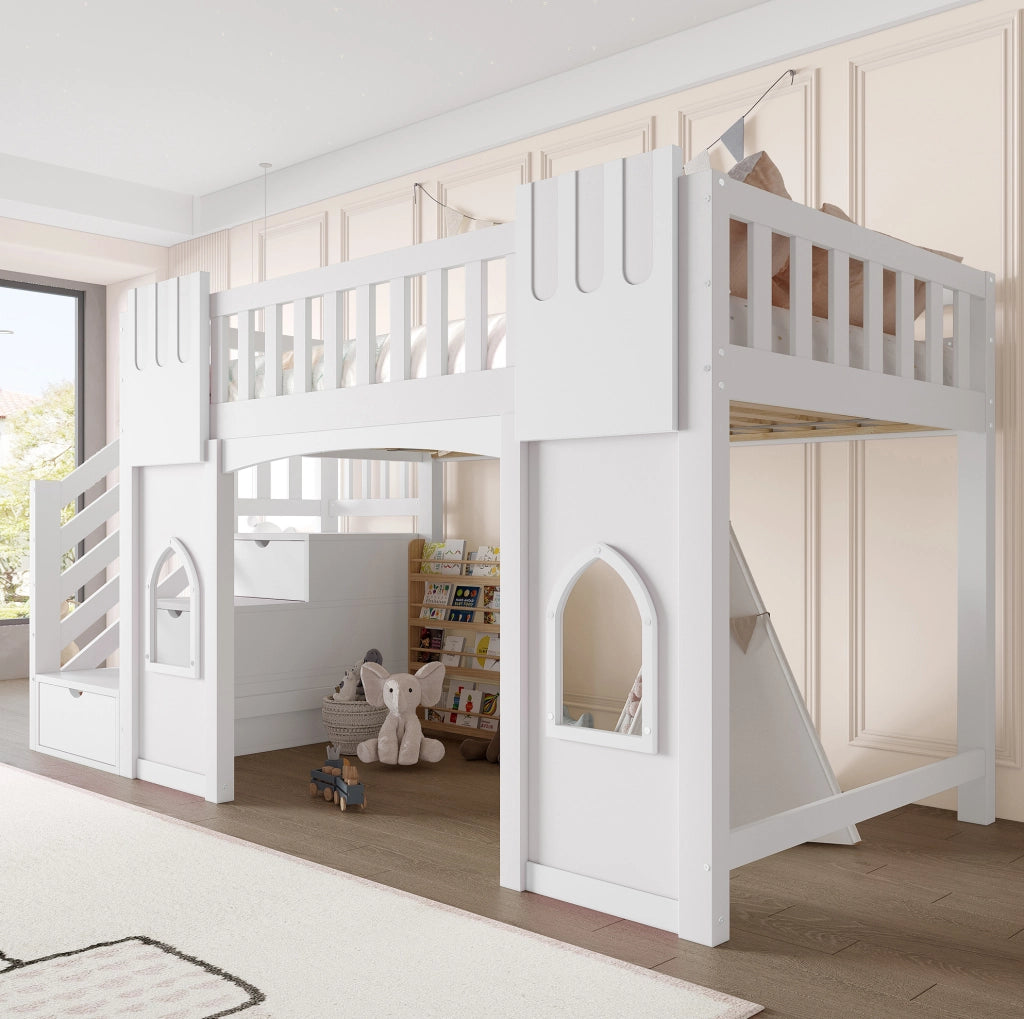 Letto a soppalco 90x200 cm con scala contenitore e finestre