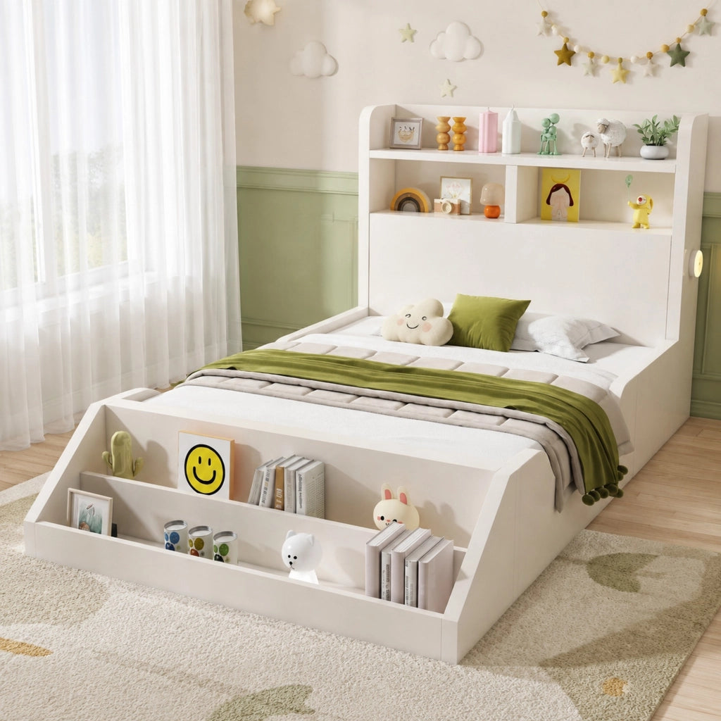 LETTO Singolo 90x200 cm Bianco con ripiani, libreria e luci notturne