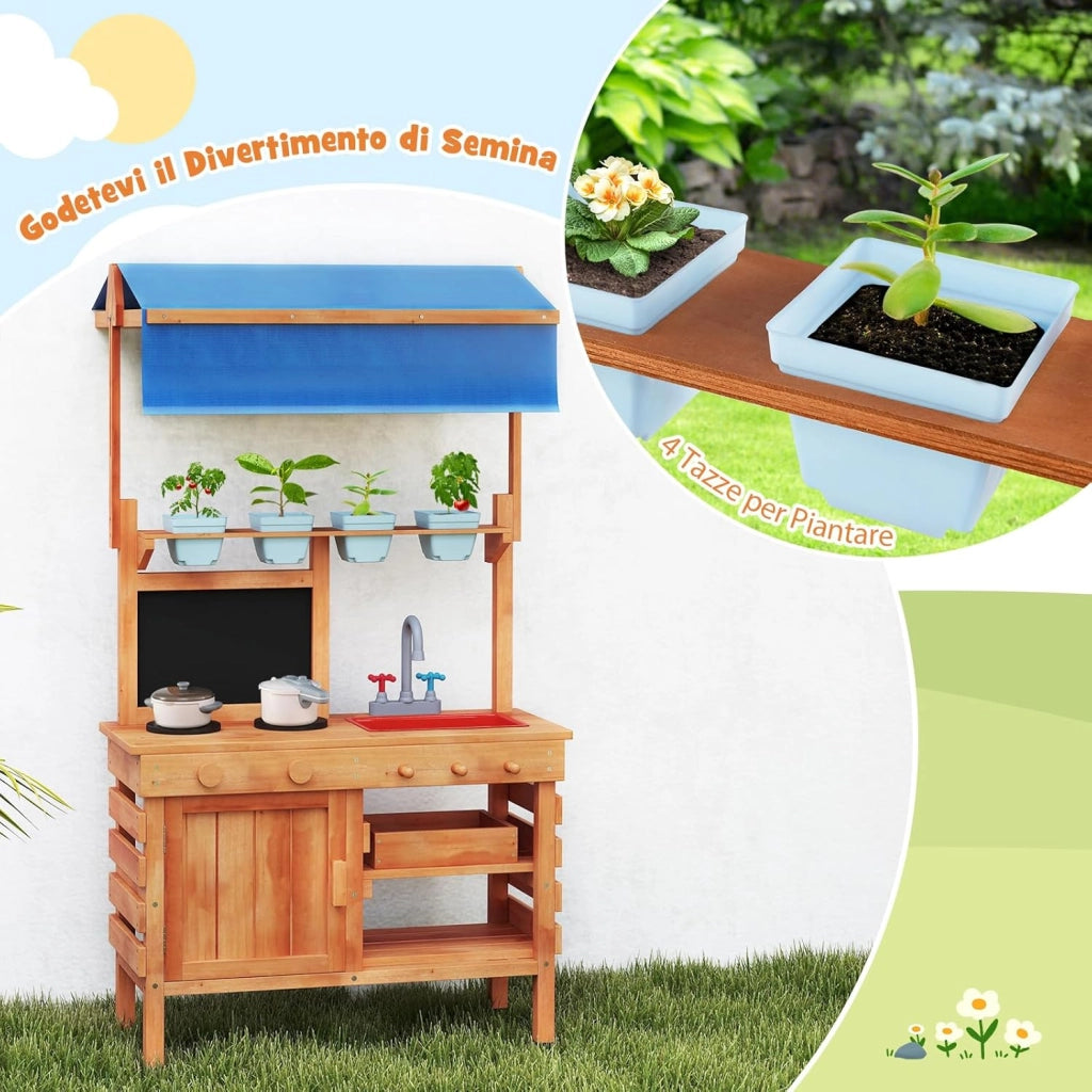 Cucina Giocattolo per Giardino con Attrezzi da Giardinaggio 2 in 1, Cucina per Bambini in Legno di Pino con Tettoia Regolabile, 4 Vasi e Lavagna, Set Cucina con 9 Accessori, 77 x 52 x 135 cm