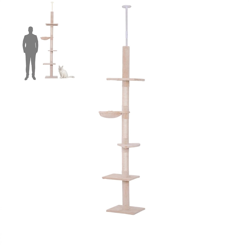 Tiragraffi per Gatti a Soffitto Beige; Struttura a 5 Livelli; Altezza 230-260 cm