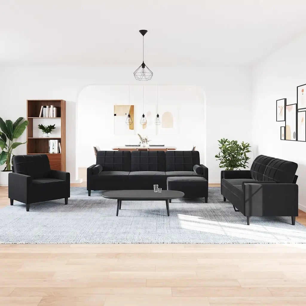 Set di Divani 4 pz con Cuscini e Rinforzi Nero in Velluto