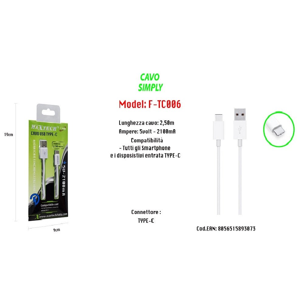 Trade Shop - Cavo Usb Di Ricarica Sincronizzazione Simply 2,50mt Smartphone 5v-2100ma Maxtech F-tc006 -