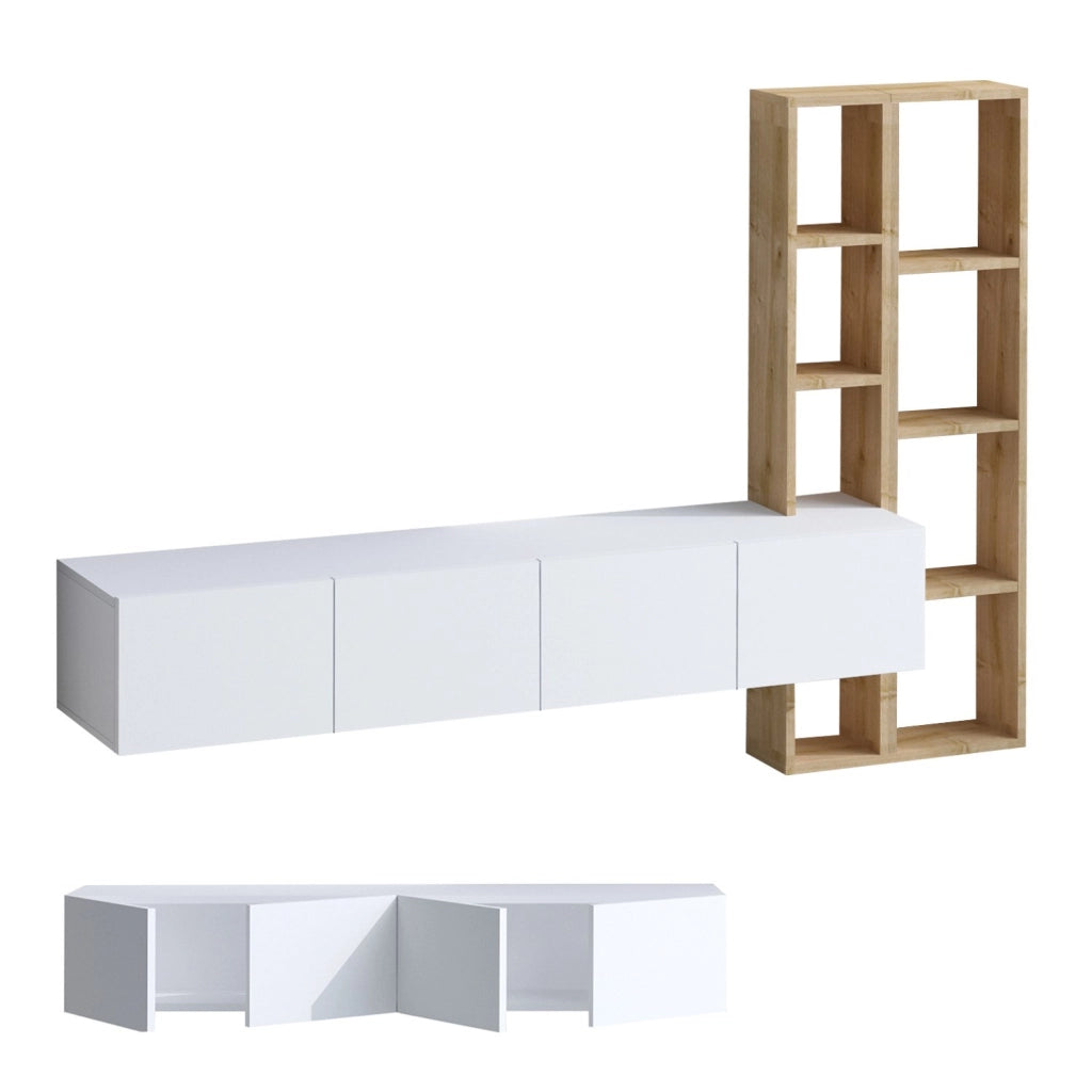 Porta TV in legno "Pana" - 182 x 32 x 25 cm - Bianco, Rovere