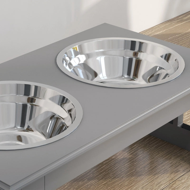 Stazione pappa rialzata per cane con 2 ciotole in acciaio inox, antiscivolo, 44x24x15 cm, grigia