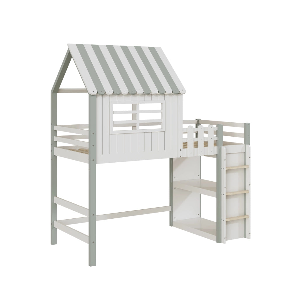 OKWISH Letto a Casetta 90×200 cm, Letto Singolo con Scala di Sicurezza, Contenitore e Sponda 30 cm, senza Materasso, Verde