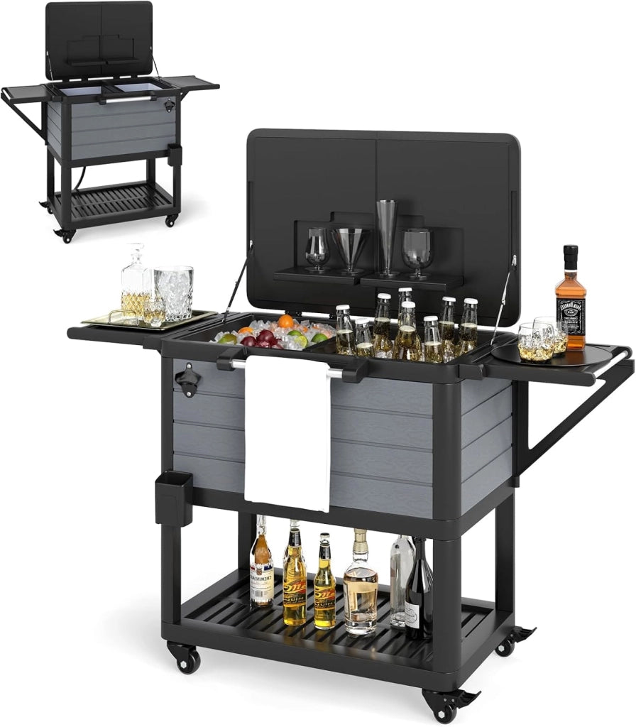Cassettiera per rotelle, 91 l, bar, per esterni, mobile, 83 x 50 x 85 cm, con separatore rimovibile, 2 ripiani laterali pieghevoli, 4 ruote universali, per giardino, terrazza, piscina