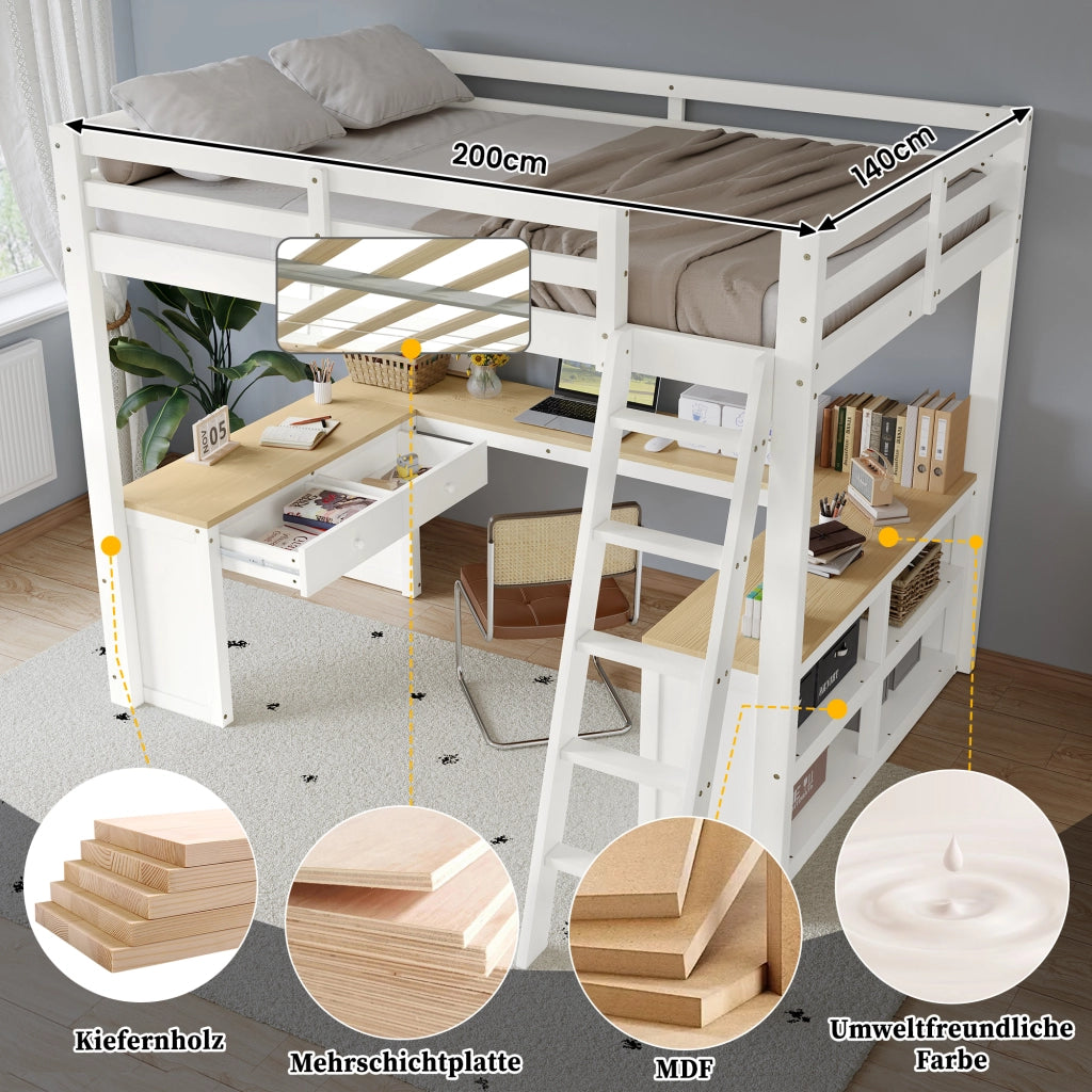 Letto a castello bambini bianco naturale con scrivania a forma di u e funzione contenitiva 140x200 cm