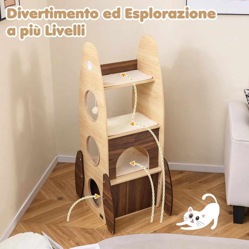 Albero per Gatti a Forma di Razzo, Tiragraffi per Gatti da Interno in Legno Alto 120 cm con Condo a 2 Piani, Perno Superiore e Pedana Graffiatrice in Sisal, Mobile per Gattini
