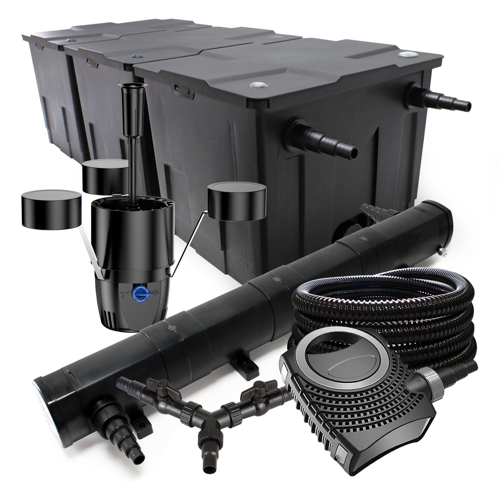 Set Filtro 90000l Chiarificatore laghetto 72W Pompa NEO10000 80W Tubo 25m Skimmer