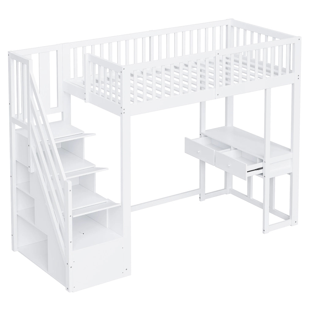 Letto a soppalco 90x200 cm bianco con scrivania e scalini contenitore