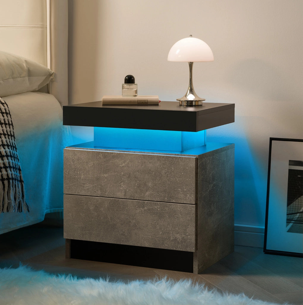 Comodino con LED regolabile; 2 cassetti e vano a giorno; grigio