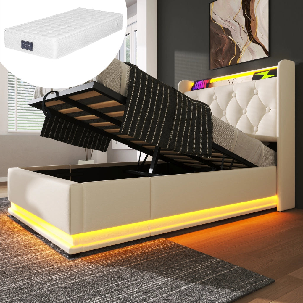 LETTO matrimoniale 90x200 cm in PU bianco con LED e porta USB Tipo-C