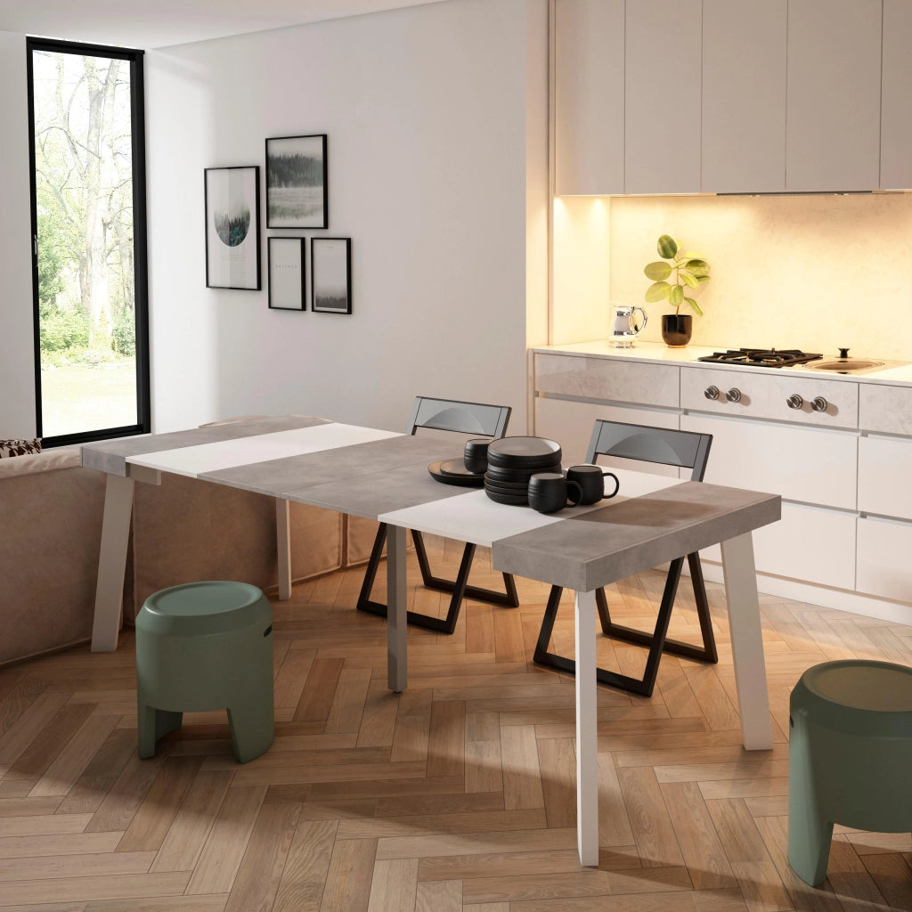 Consolle allungabile, 222x90x73cm, Per 10 persone, Gambe in legno, Bianco e grigio cemento RF3016