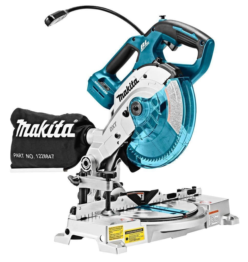 Makita DLS600Z Troncatrice da banco a batteria 18V motore brushless lama 165 mm guida laser LED integrato sacchetto raccogli polvere colore Blu - antracite