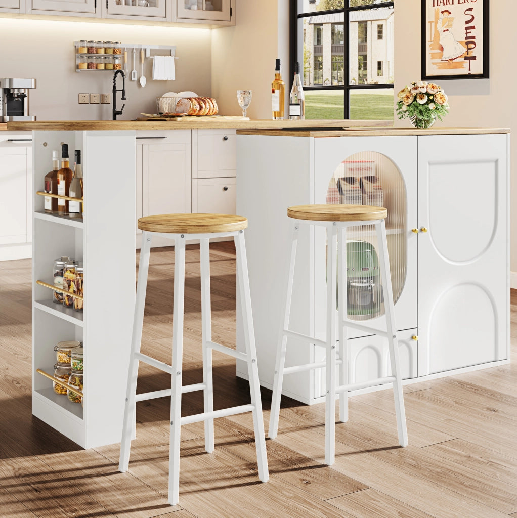 Set tavolo bar con contenitore e 2 sgabelli, bianco e effetto legno