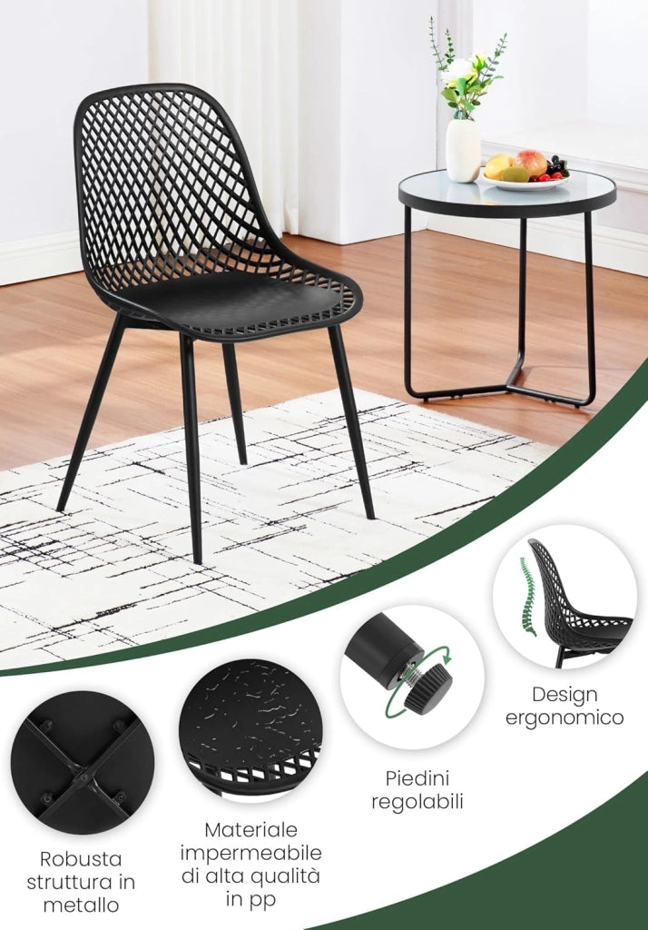 Confezione da 4 Sedie da Pranzo Sedie da Cucina con Gambe in Metallo Schienale Curvo con Design Ritagliato Seduta in PP di Alta Qualità, Sedie da Salotto e da Camera da Letto, Nero K0023EZS-4