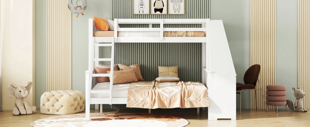 DESMIU Letto a castello bambini 90 × 200 cm e 140 × 200 cm con scrivania, contenimento, senza materasso, bianco